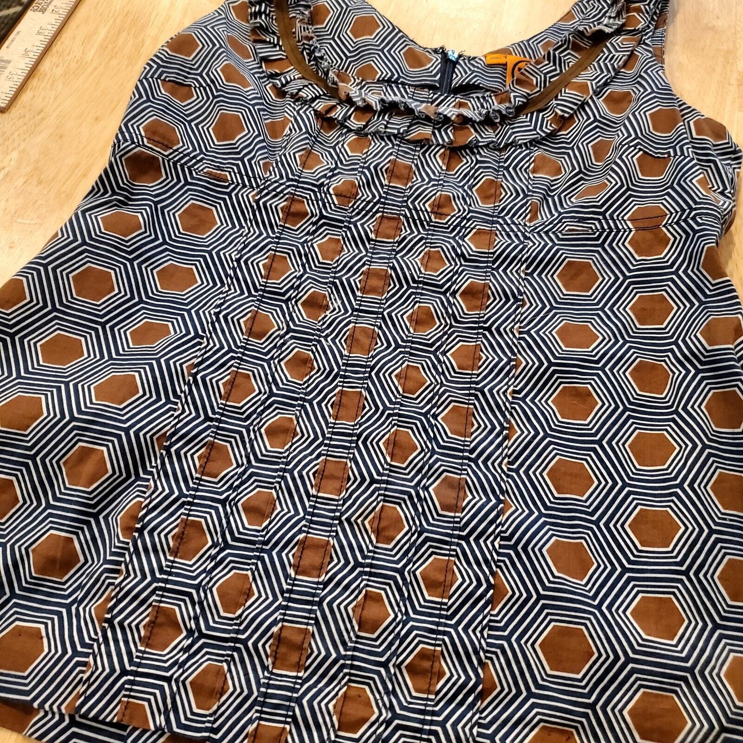 Geometric Tory Burch Sleeveless Blouse Cotton Pleated detail Blue brown