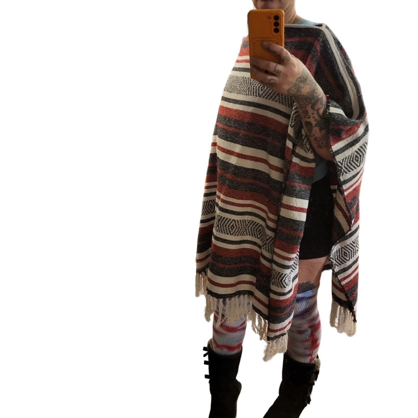 Handmade Red Black White Striped Mexican Blanket Poncho 2 Ways to Wear 