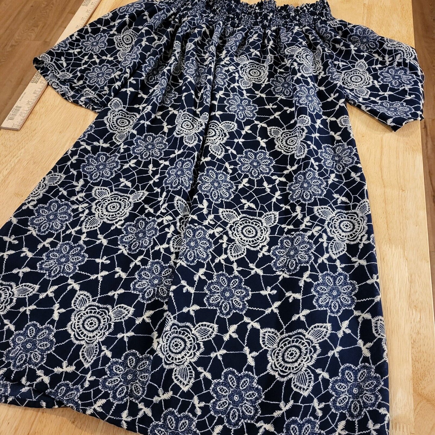 Blue Floral Mini Dress Bardot Cold Shoulder Elastic Keyhole Back Medium