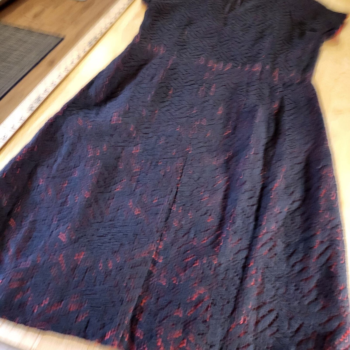 Vintage Handmade BLACK lace Dress Red Lining GOTH vampire Dress Cap Sleeve 15" 