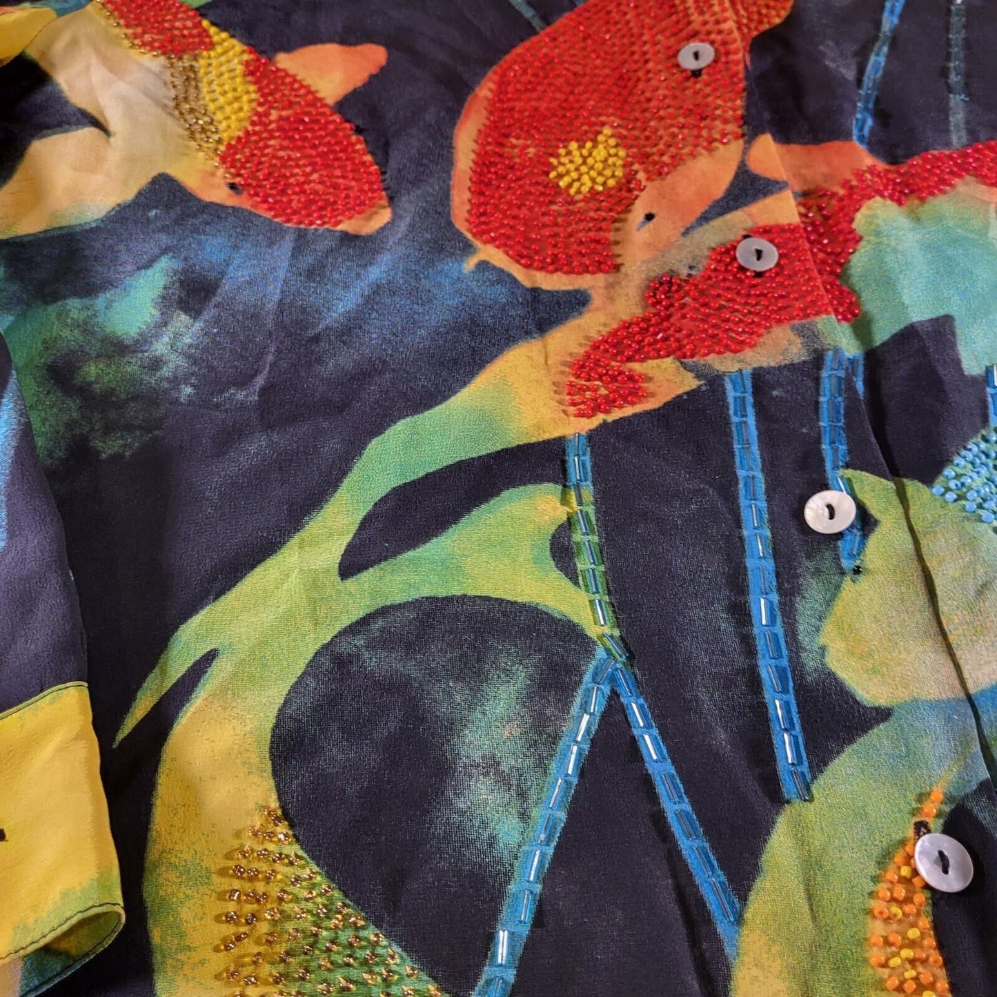 Nicole Taylor 100% Silk Batik Dyed Beaded Koi Fish Blouse  Collared. Button Down