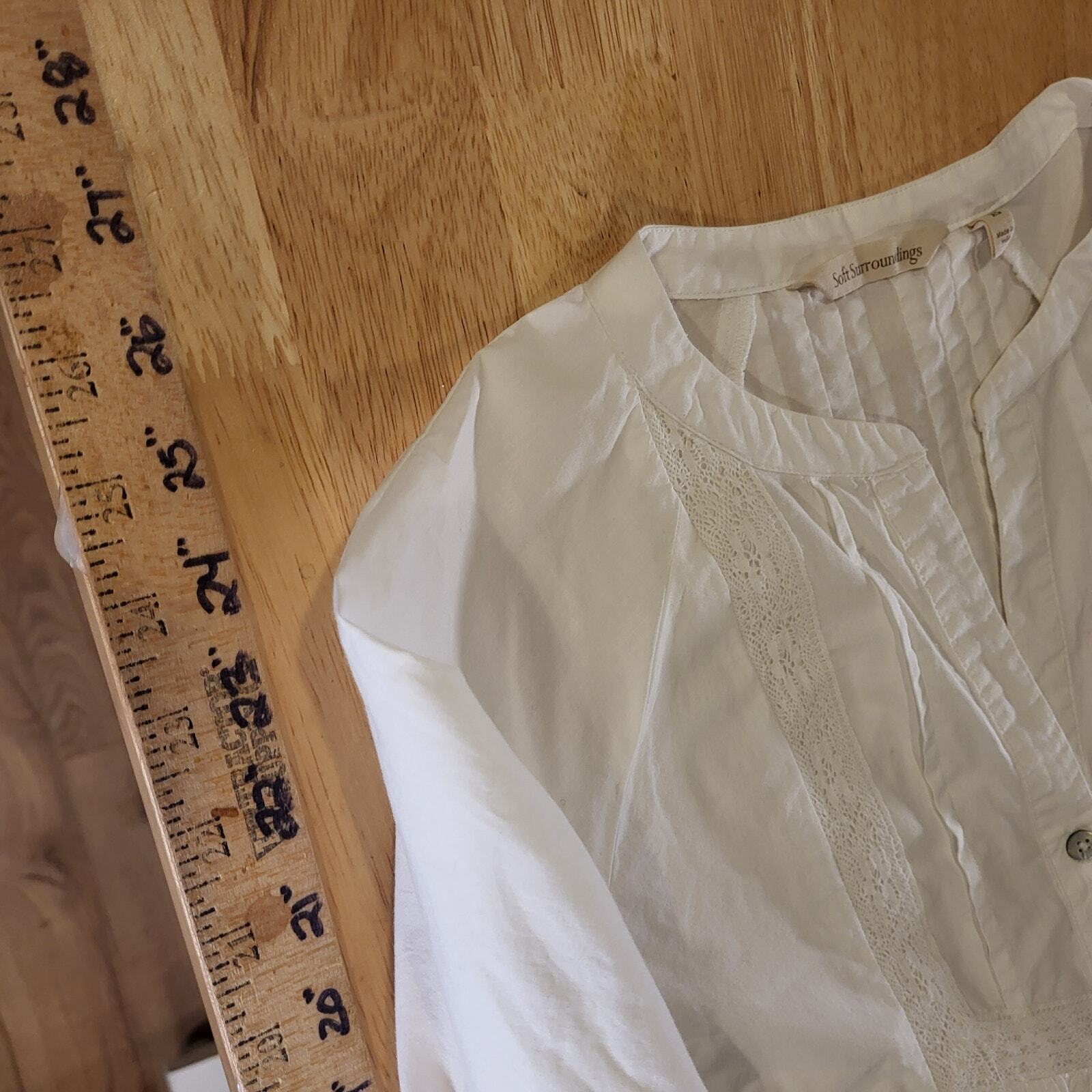 Soft Surroundings White Eyelet Cotton Blouse Pintuck Pleat 3/4" Sleeve XS 