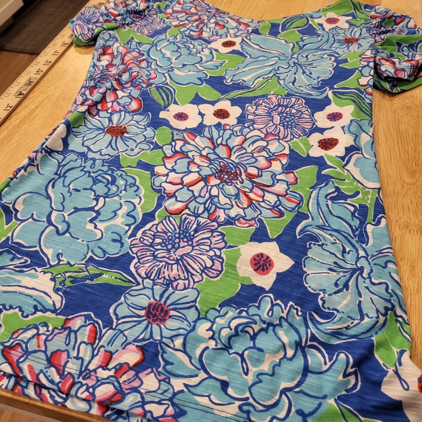 Lilly Pulitzer Blue & Green Short Sleeve V-Neck Gathered Sleeve T-shirt S