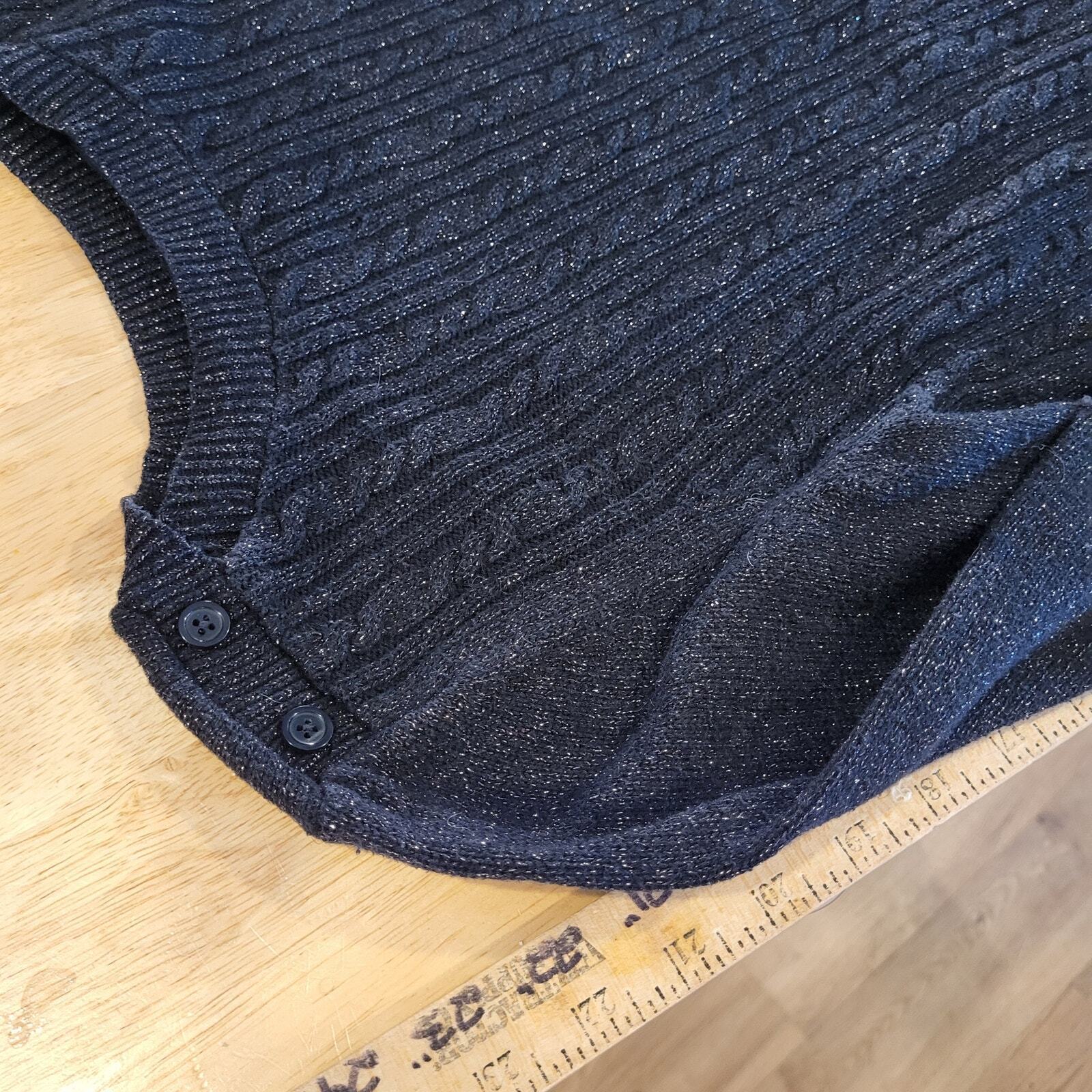 Banana Republic Cotton Angora Blend Black Metallic Cable Knit Sweater Button Med