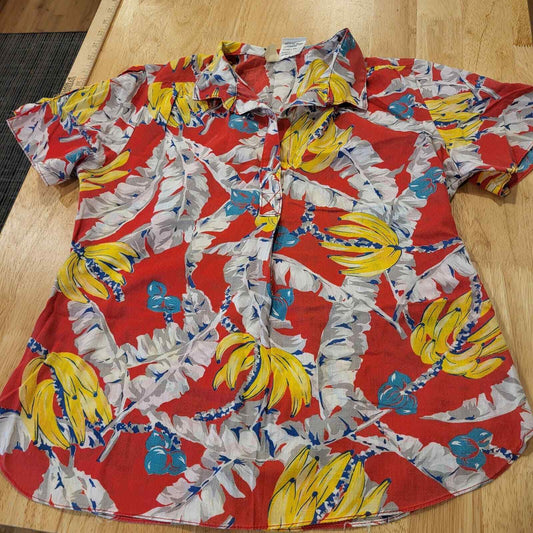 Vintage floral Hawaiian type button front shirt banana colorful red yellow