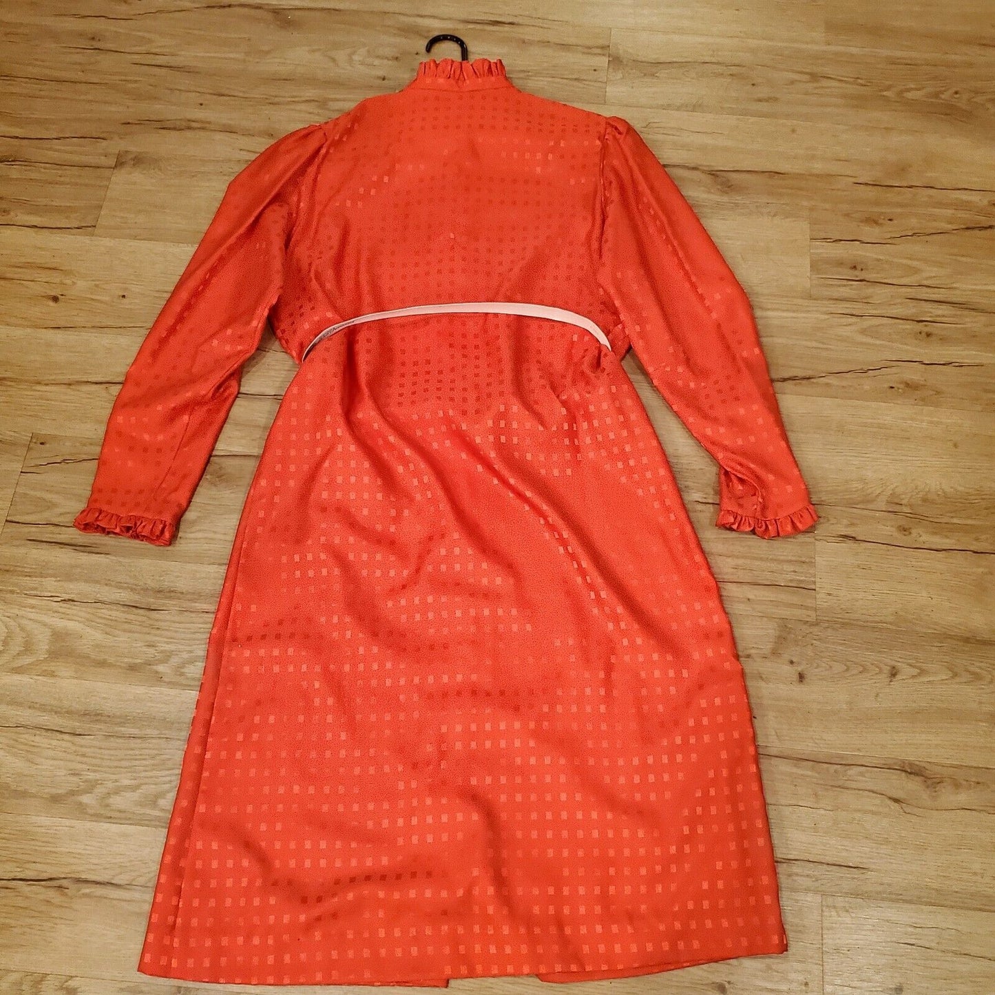 Vintage Red Polyester Shirt Dress Red Check Sateen Ruffle Collar & Cuff Belt