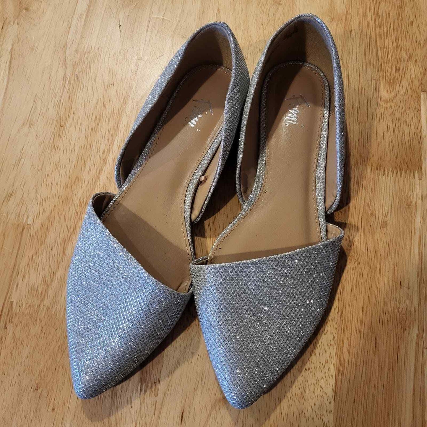 Silver metallic pointed toe open side flats 8