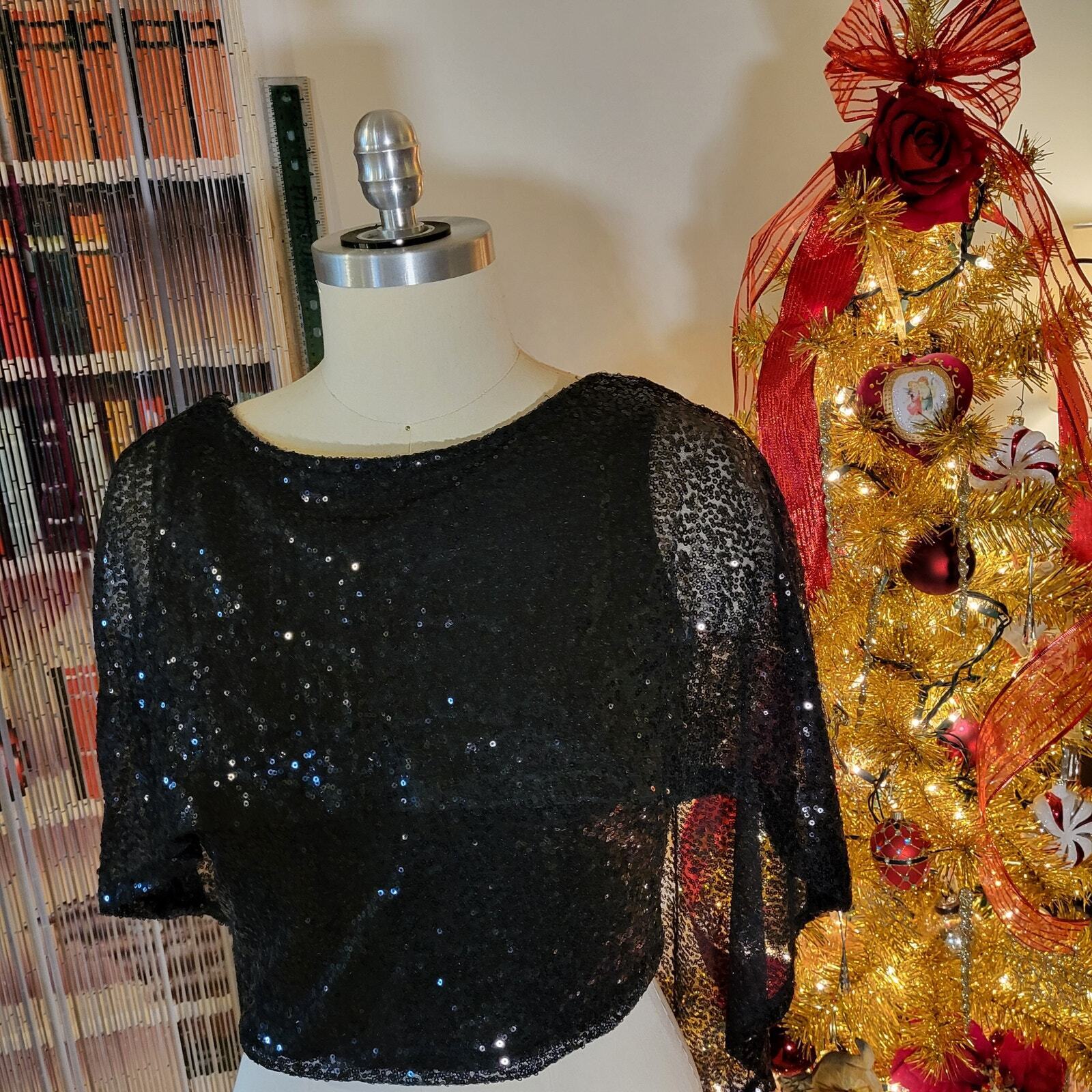 Black Sequin Bat Wing zip Back Blouse Cropped Pretty 