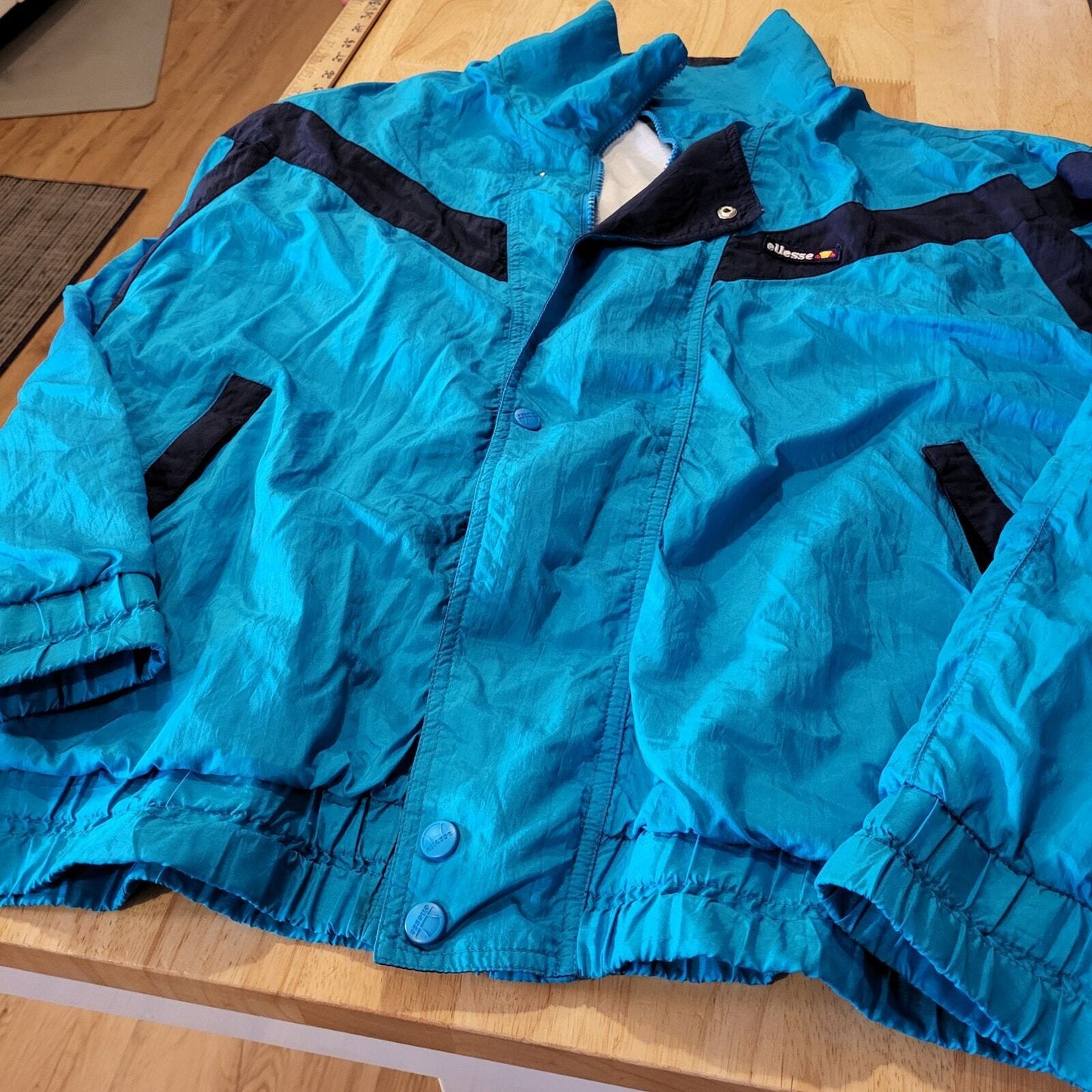 Vintage Ellesse Blue Wind Breaker Full Zip Cotton Lined (elastic wear from age) 