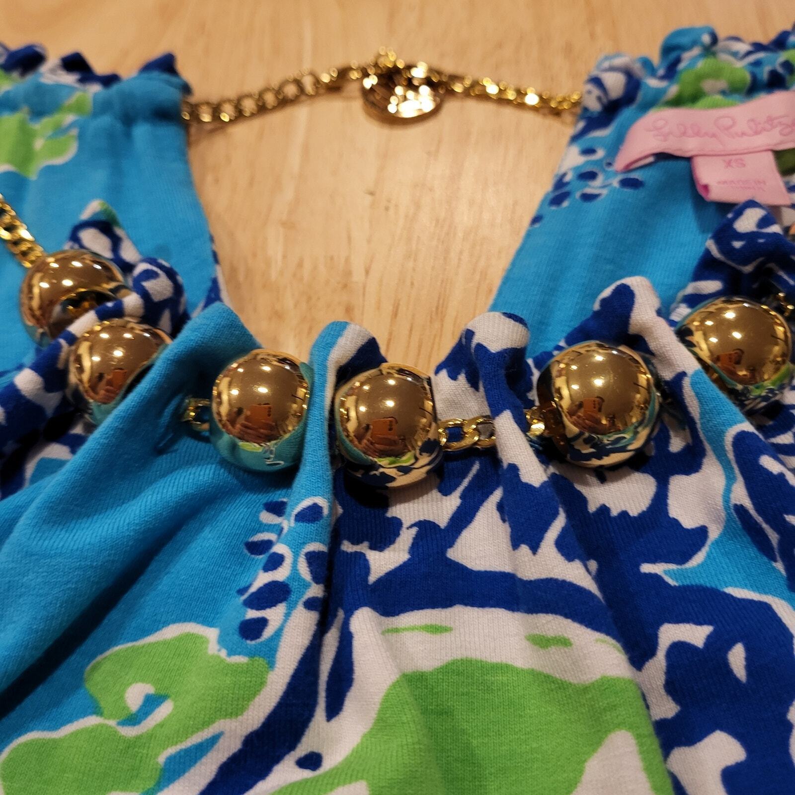 Lilly Pulitzer Calissi Sound The Horn Maxi Jersey Dress Gold Necklace Neckline