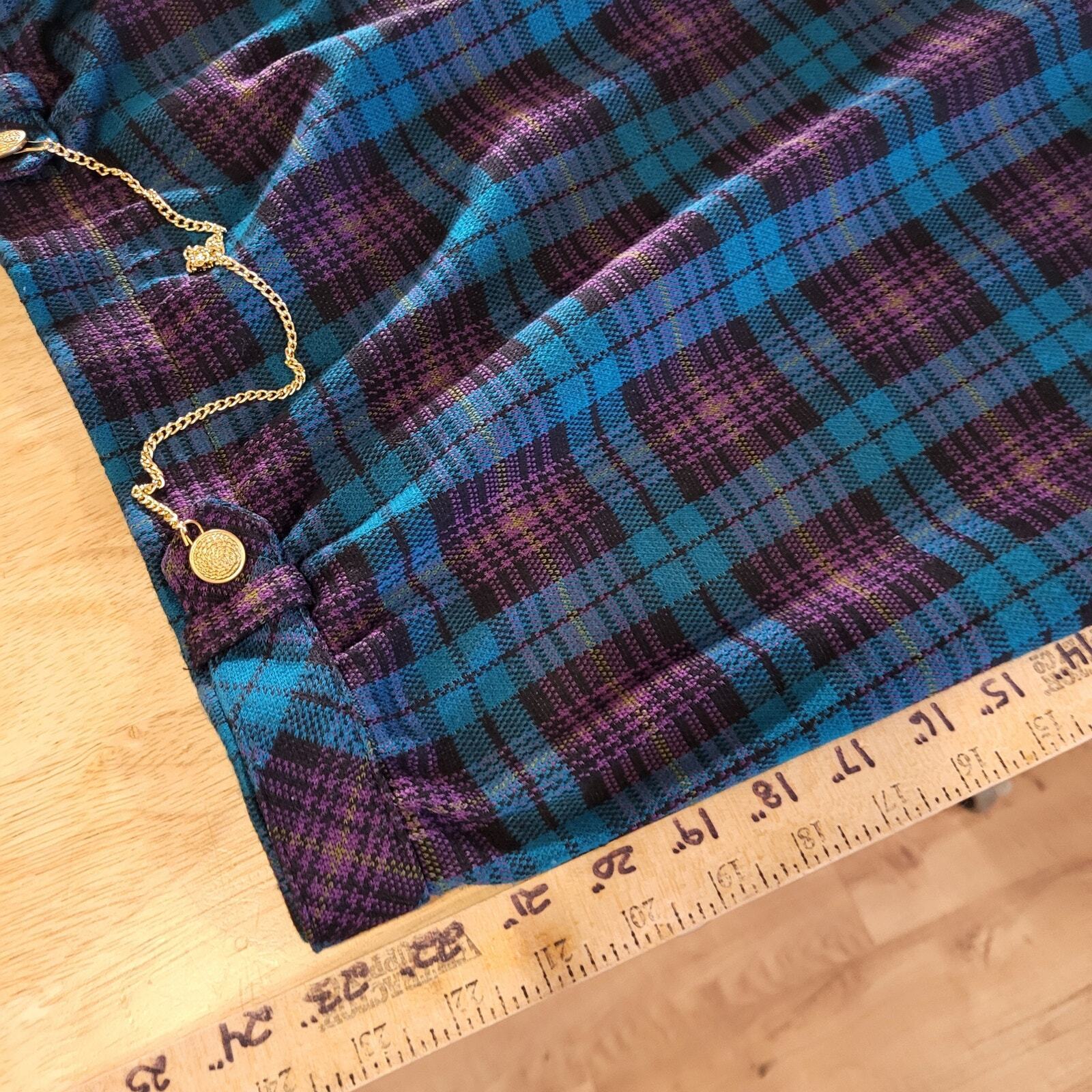 Vintage Tartan Plaid Purple Turquoise Knee Length Elastic Waist Gold Chain SZ18