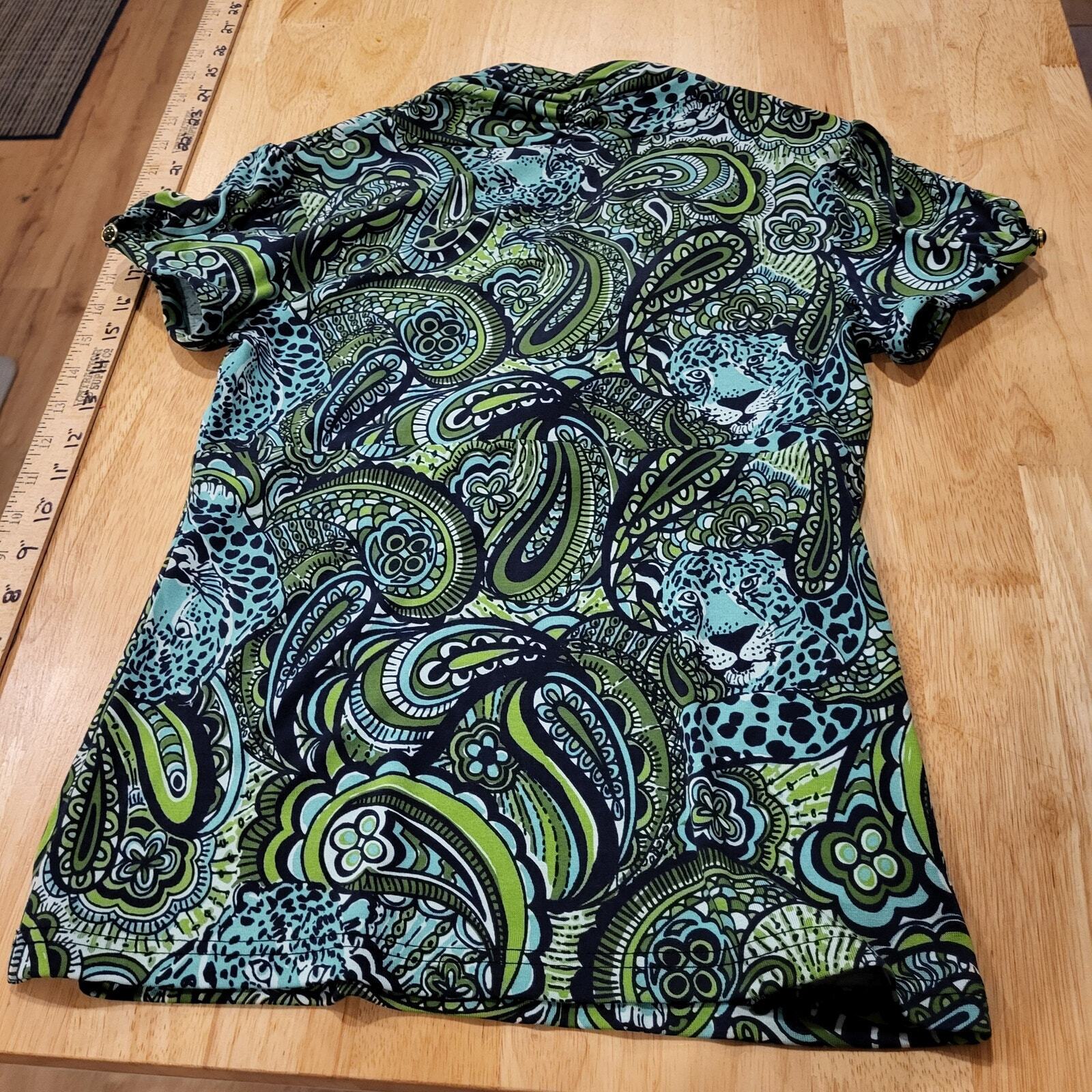 Lilly Pulitzer Blue Leopard Paisley Print V-Neck T-Shirt Jersey Button xs