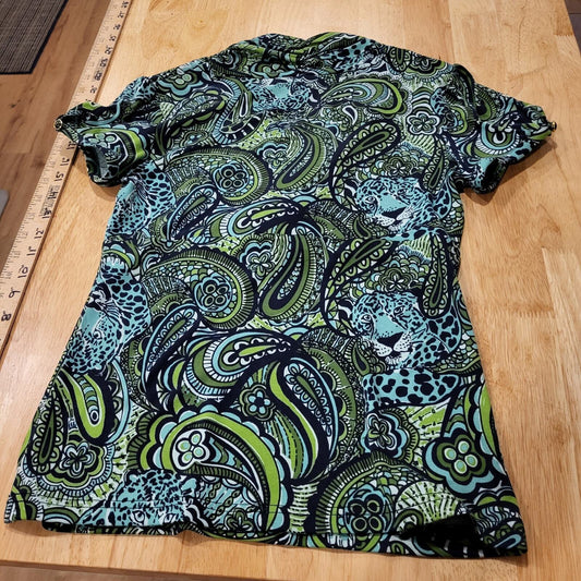 Lilly Pulitzer Blue Leopard Paisley Print V-Neck T-Shirt Jersey Button xs