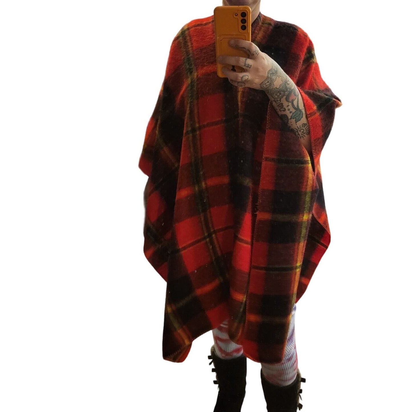 Red Wool Blend Tartan Plaid Poncho Shawl One Size 