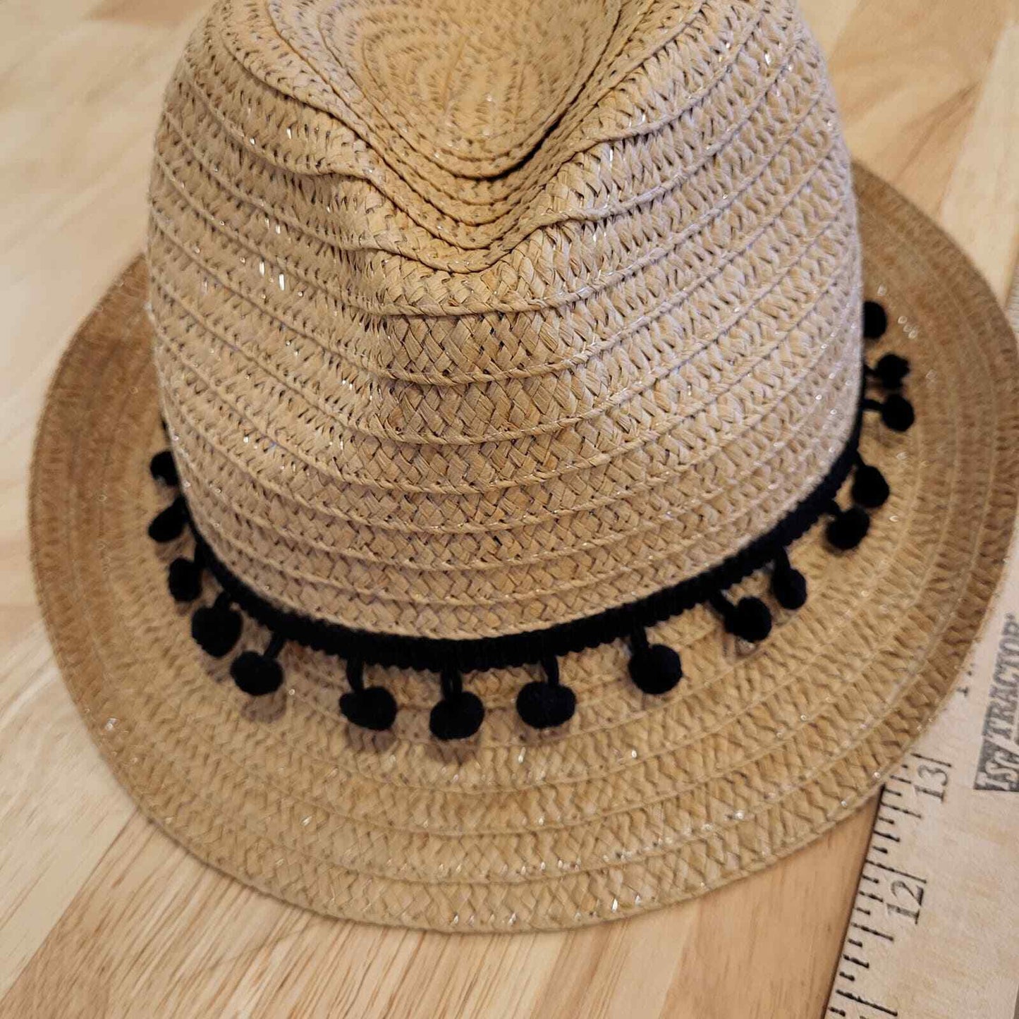Paper Straw Fedora Hat Black Pom Poms 23" 