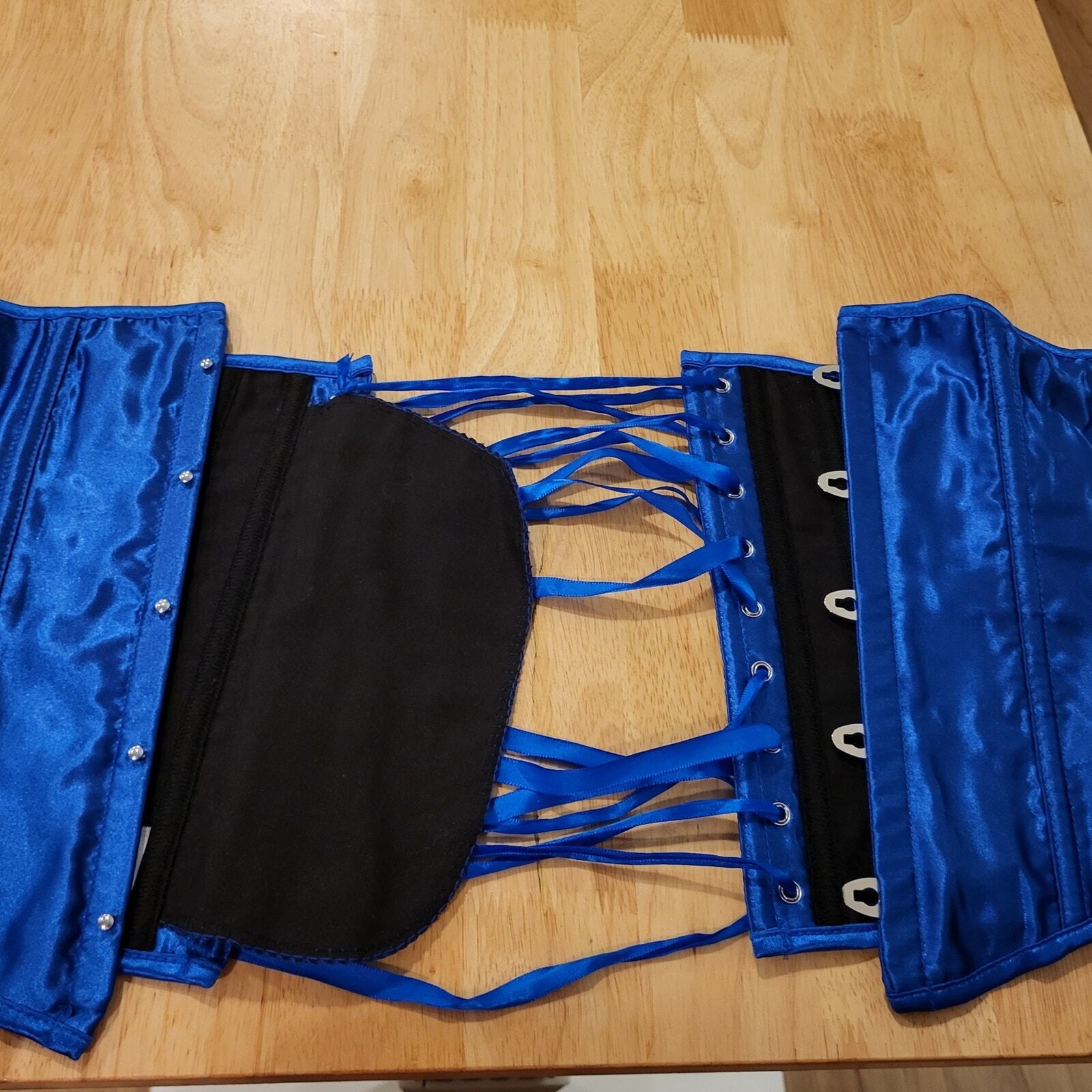 Size Medium Blue Satin Metal Busk Under Bust Corset Measurements in Photos. 
