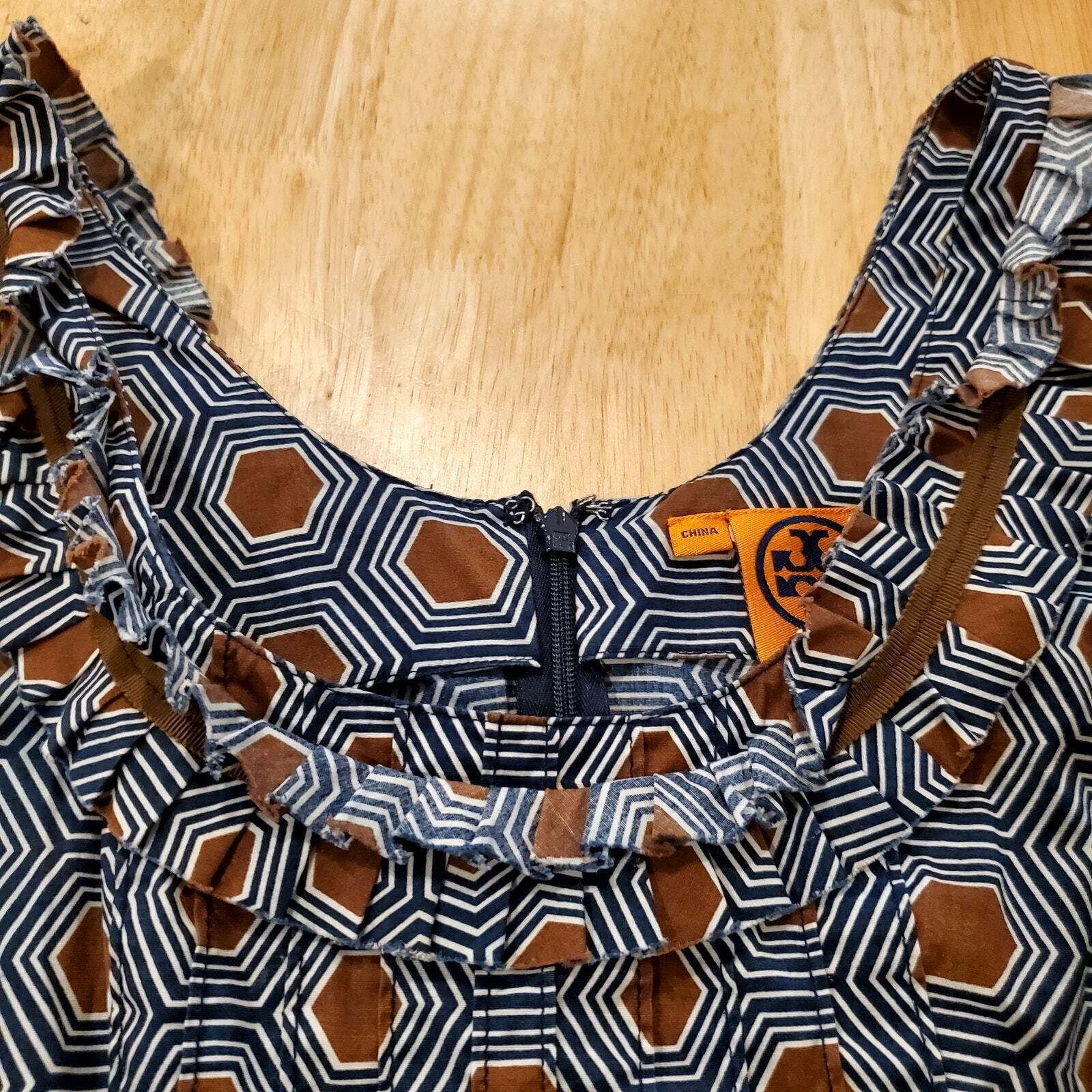 Geometric Tory Burch Sleeveless Blouse Cotton Pleated detail Blue brown