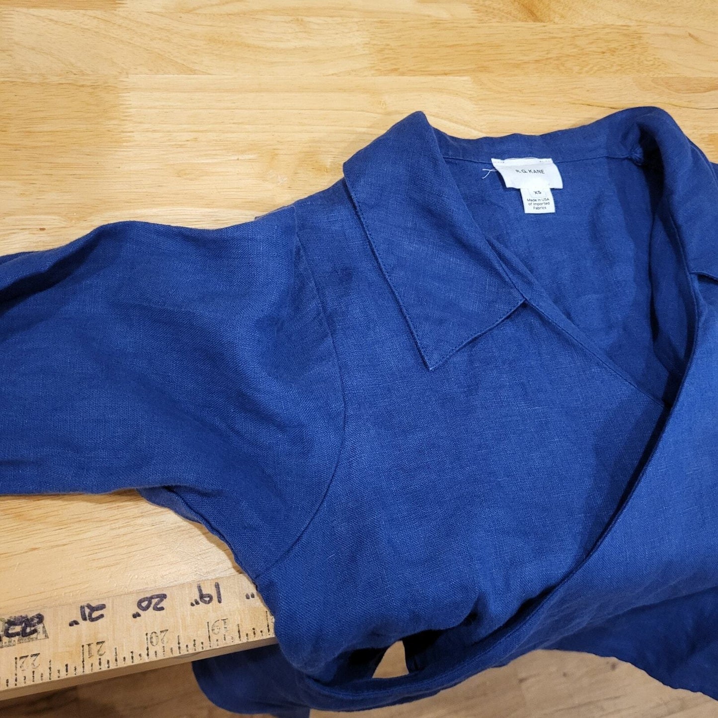 R. G. Kane Rosie Wrap Blouse Blue XS 100% Linen Made in USA 18" P2P
