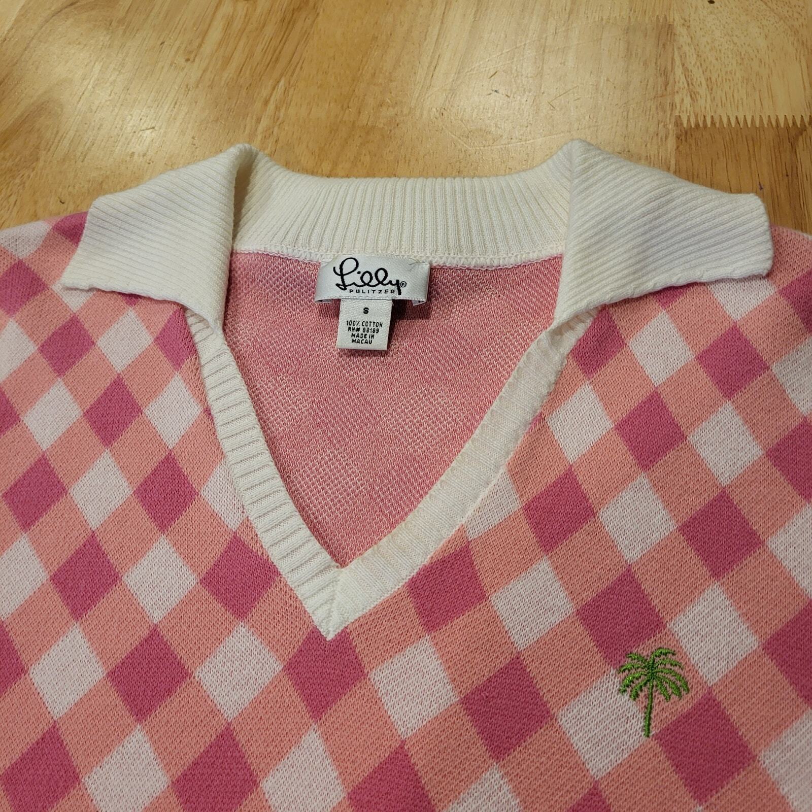 Lilly Pulitzer Gingham Knit Short Sleeve Contrast Collared V-Neck Sweater S