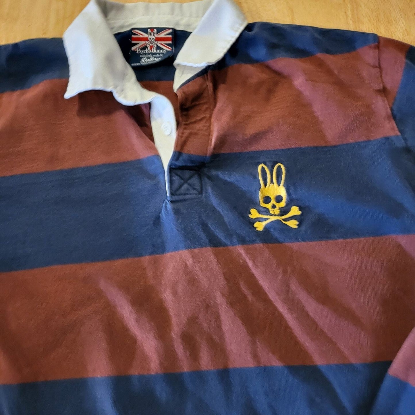 Psycho Bunny Maroon & Blue Rugby Shirt White Collar Logo (see bleach marks) 