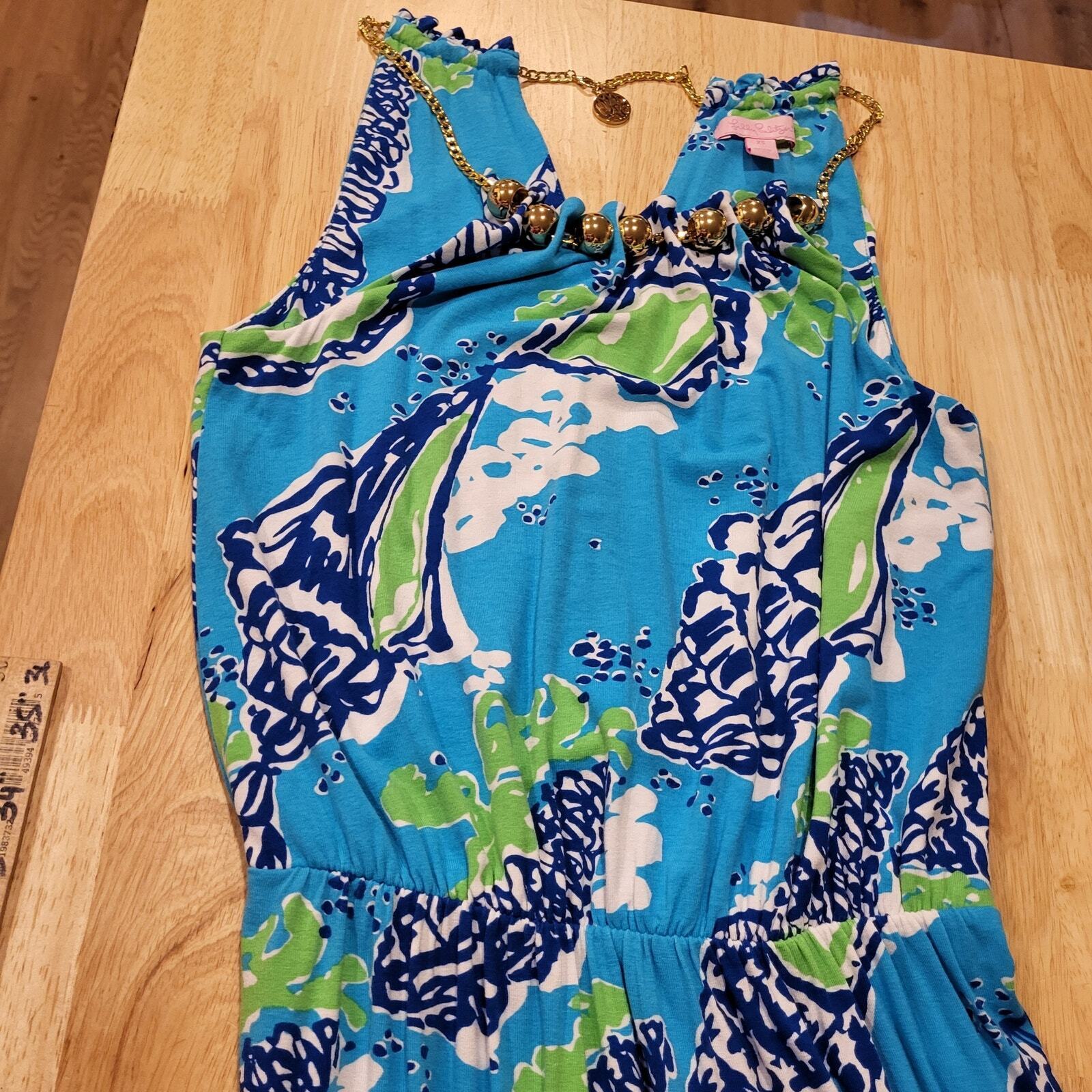 Lilly Pulitzer Calissi Sound The Horn Maxi Jersey Dress Gold Necklace Neckline