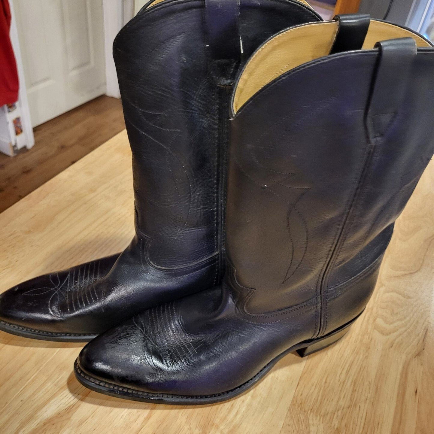Black leather 12D Cowboy Boots 1" Heel 14" Height Johnny Cash Pointed western