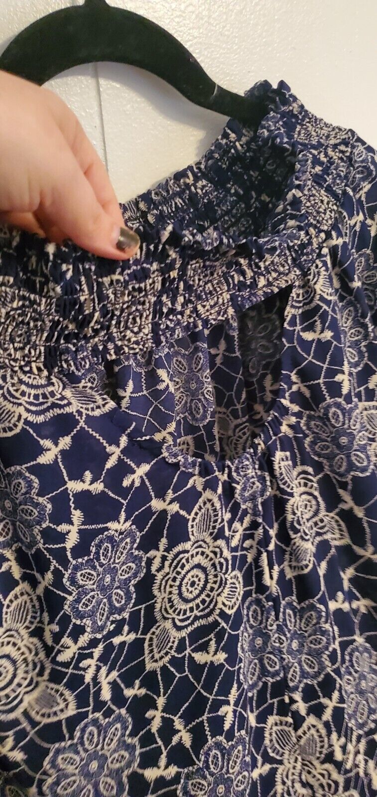 Blue Floral Mini Dress Bardot Cold Shoulder Elastic Keyhole Back Medium