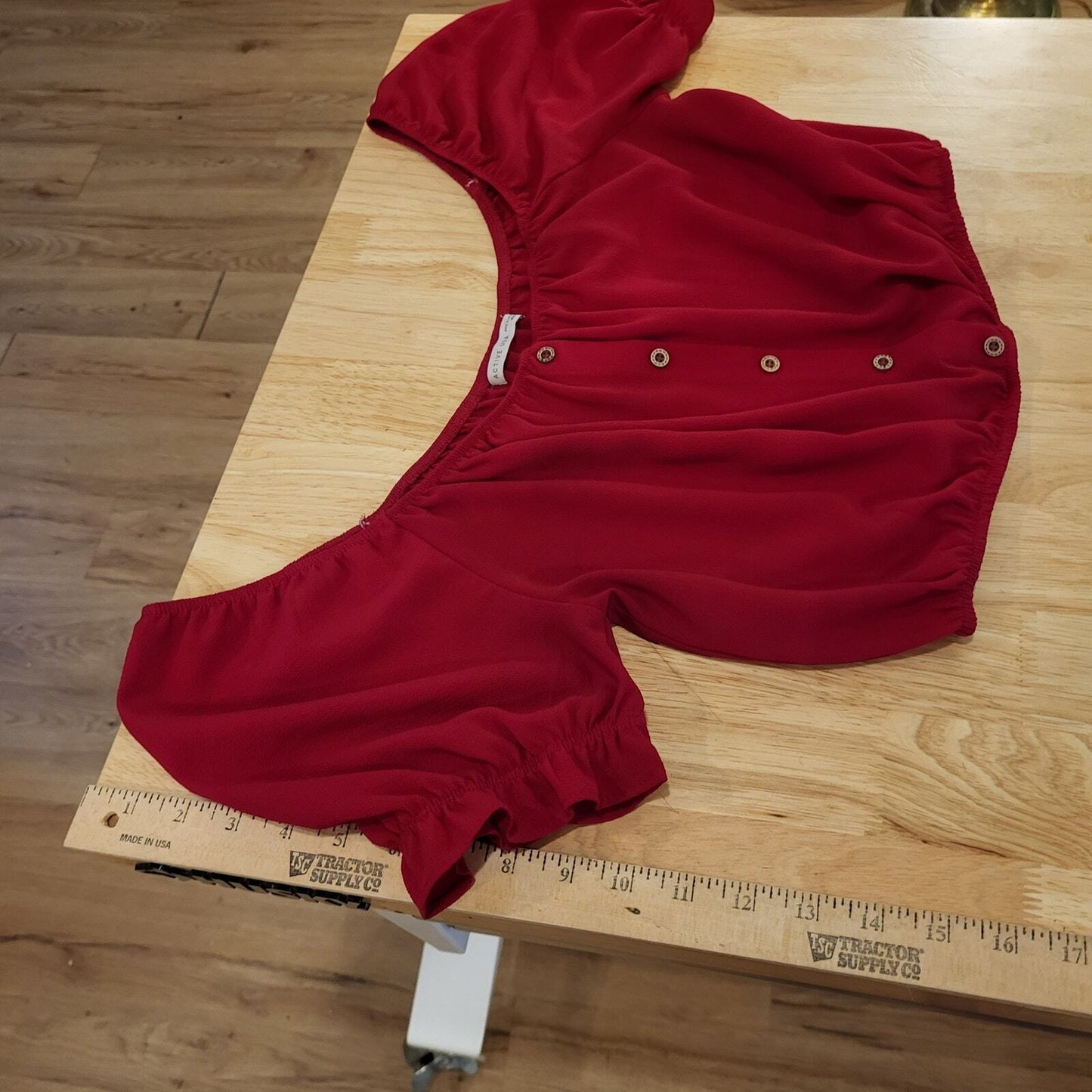Red Elastic Cold Shoulder Bardot Crop Top Short Puff Sleeve Coquette medium 26"