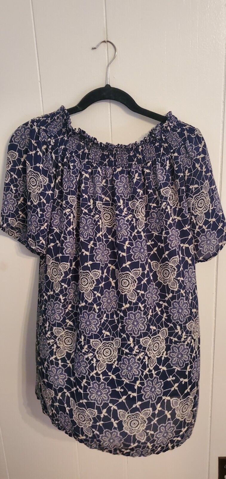 Blue Floral Mini Dress Bardot Cold Shoulder Elastic Keyhole Back Medium