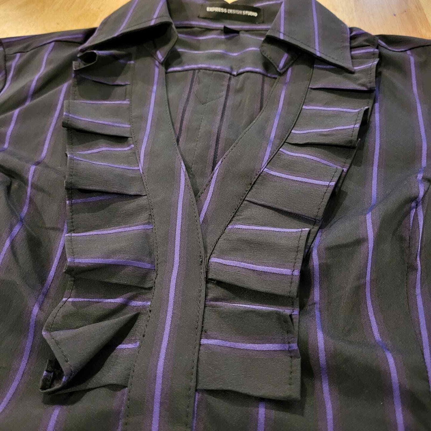 Vintage Y2K Express XS Stretchy Black Purple Stripe Ruffle Collar Top Side Zip