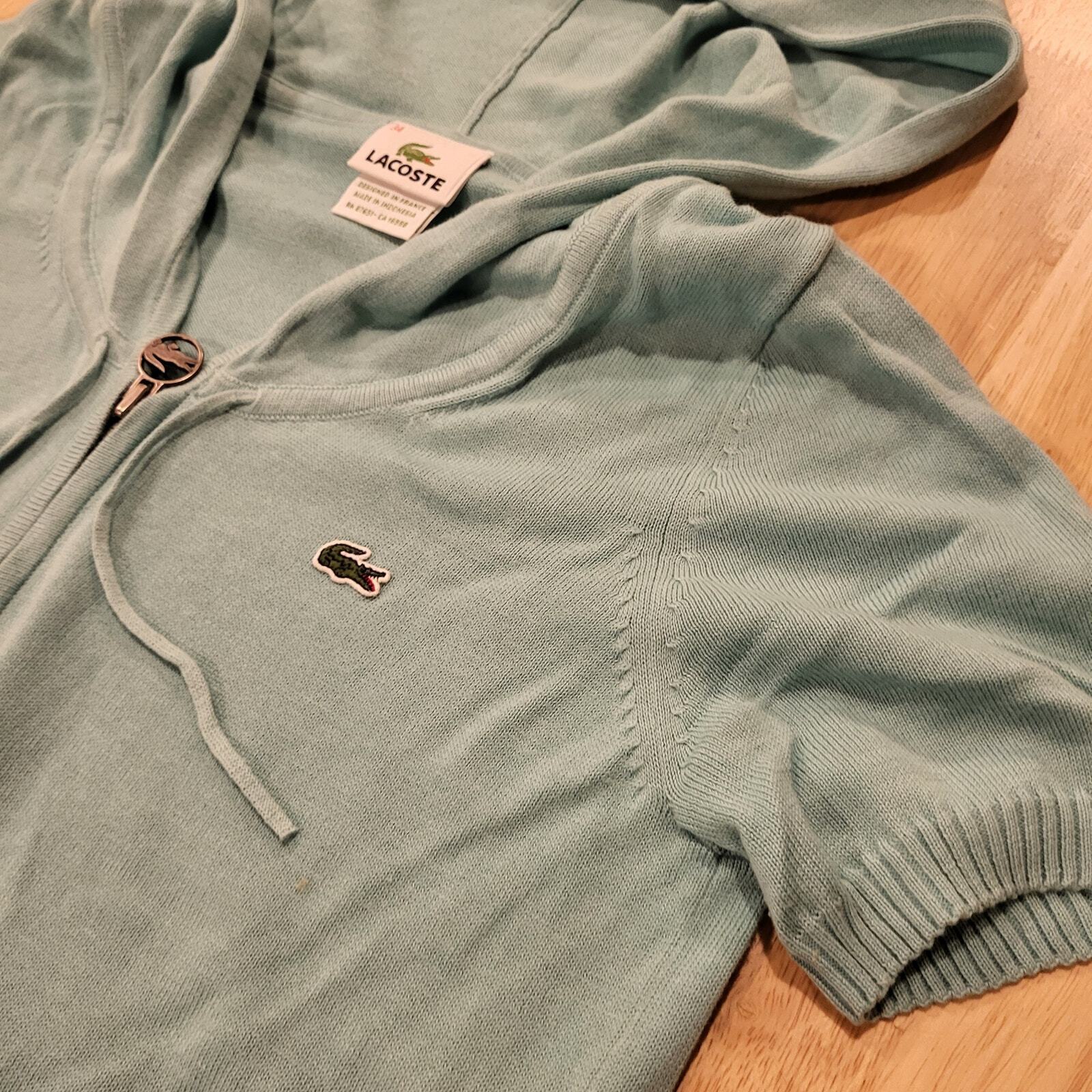 Lacoste Blue Short Sleeve 1/4 Zip Hooded Sweater 16" Pit 2 Pit