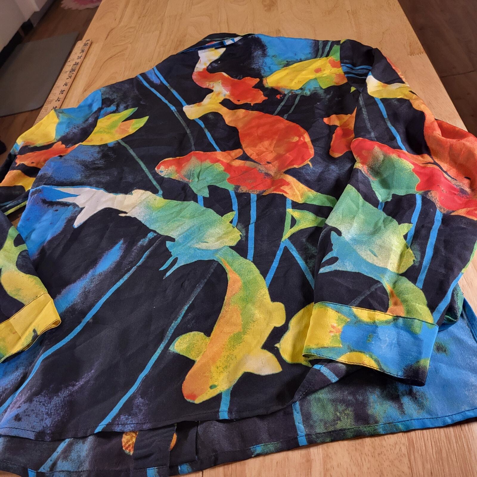 Nicole Taylor 100% Silk Batik Dyed Beaded Koi Fish Blouse  Collared. Button Down