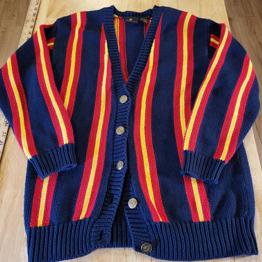 Vintage 90's Liz Claiborne Blue Cardigan Sweater Yellow & Red Stripe Preppy P