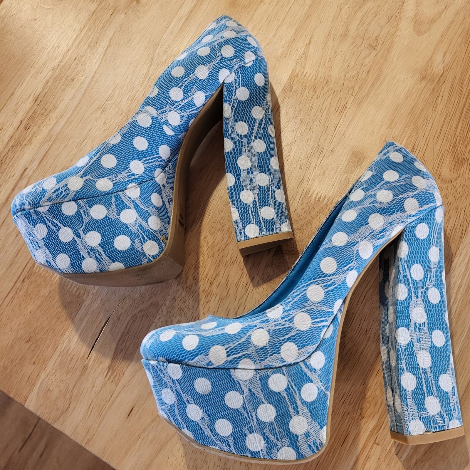 FRH Fahrenheit Blue with white  Polka Dot Lace super high platform size 6