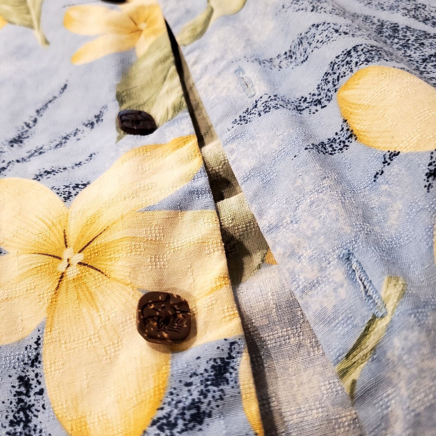 Bermuda Bay 100% Silk XXL Hawaiian Print Button Down Yellow Blue Floral 