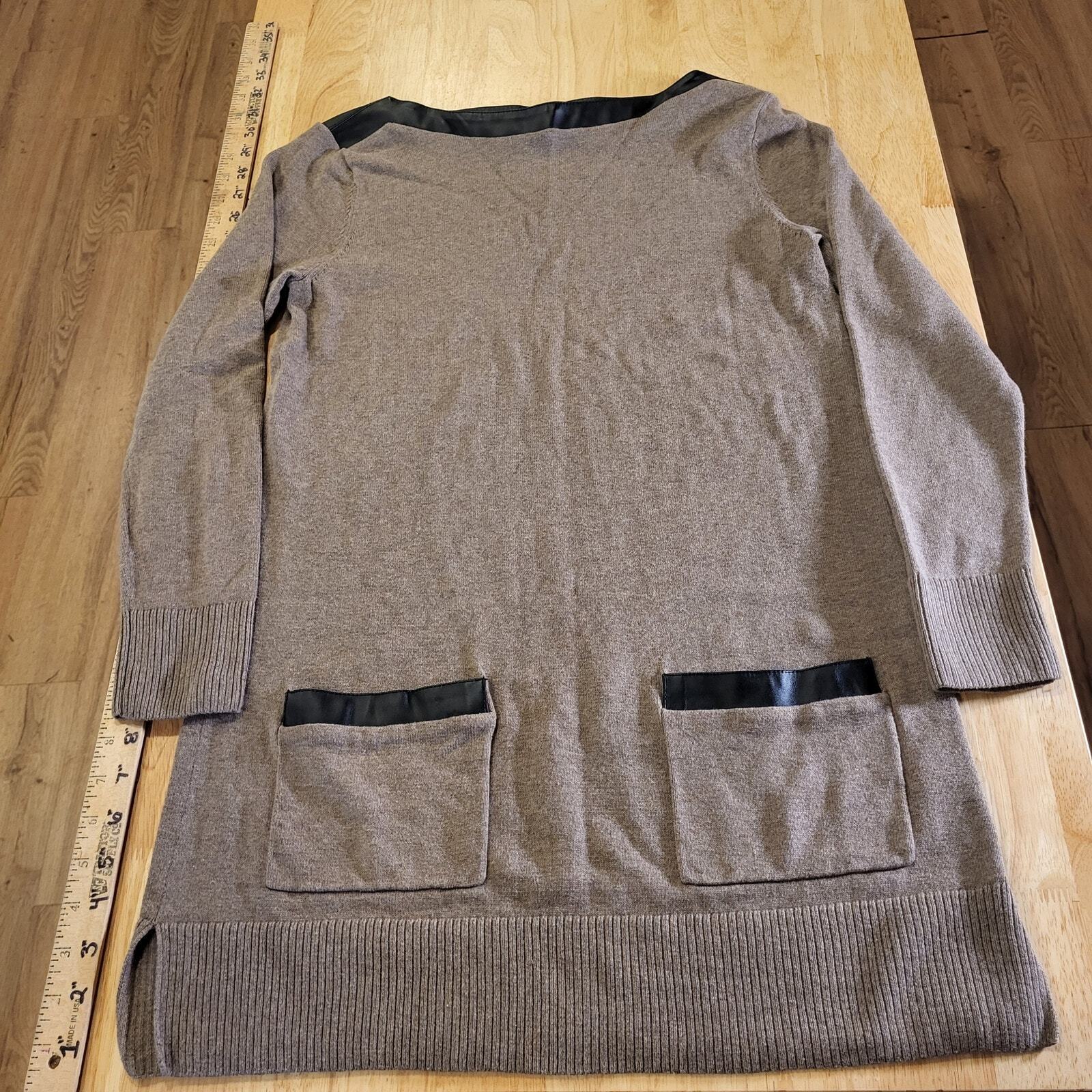 Jeanne Pierre 100% Cotton Beige Sweater Dress Knit Faux Leather Pocket Collar sm