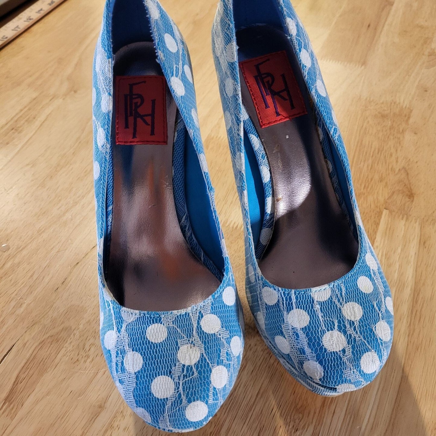 FRH Fahrenheit Blue with white  Polka Dot Lace super high platform size 6