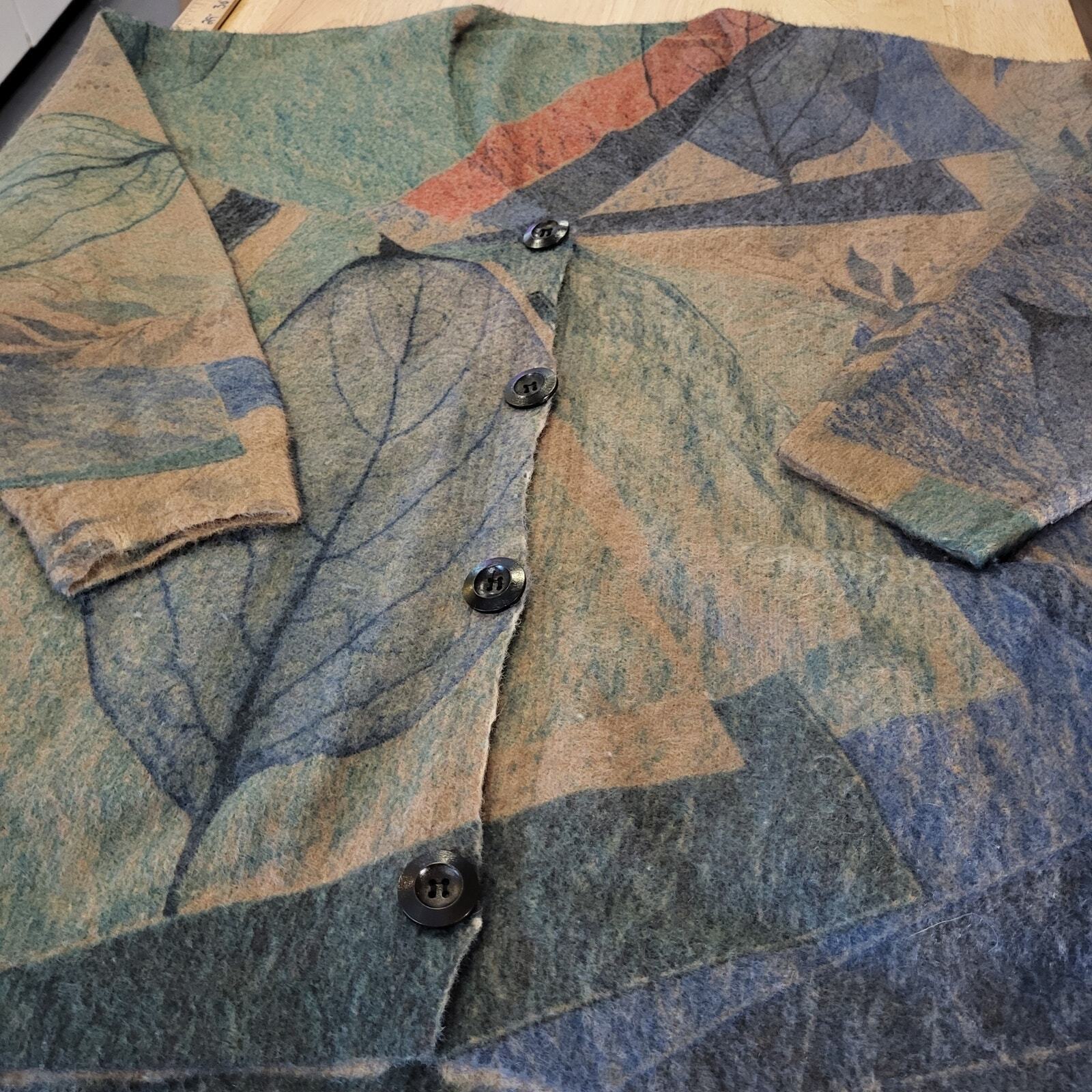 Wool & Cotton Blend Botanical Print Knit Cardigan Pockets 25" Pit 2 Pit