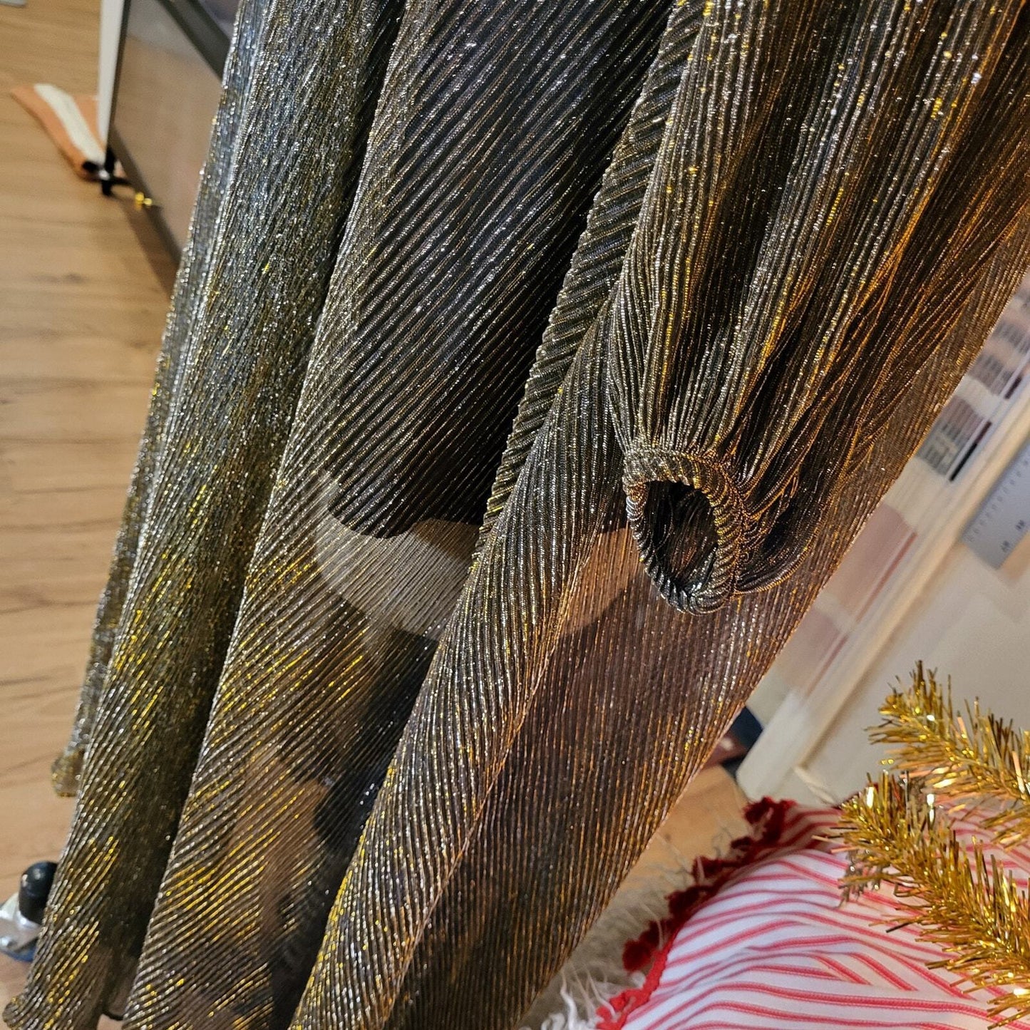 Gold Metallic Vintage Sheer Maxi Dress Long Sleeve Belt 24" P2P Ribbed