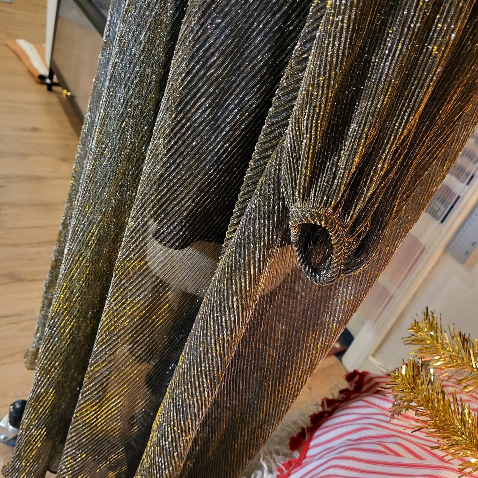 Gold Metallic Vintage Sheer Maxi Dress Long Sleeve Belt 24" P2P Ribbed