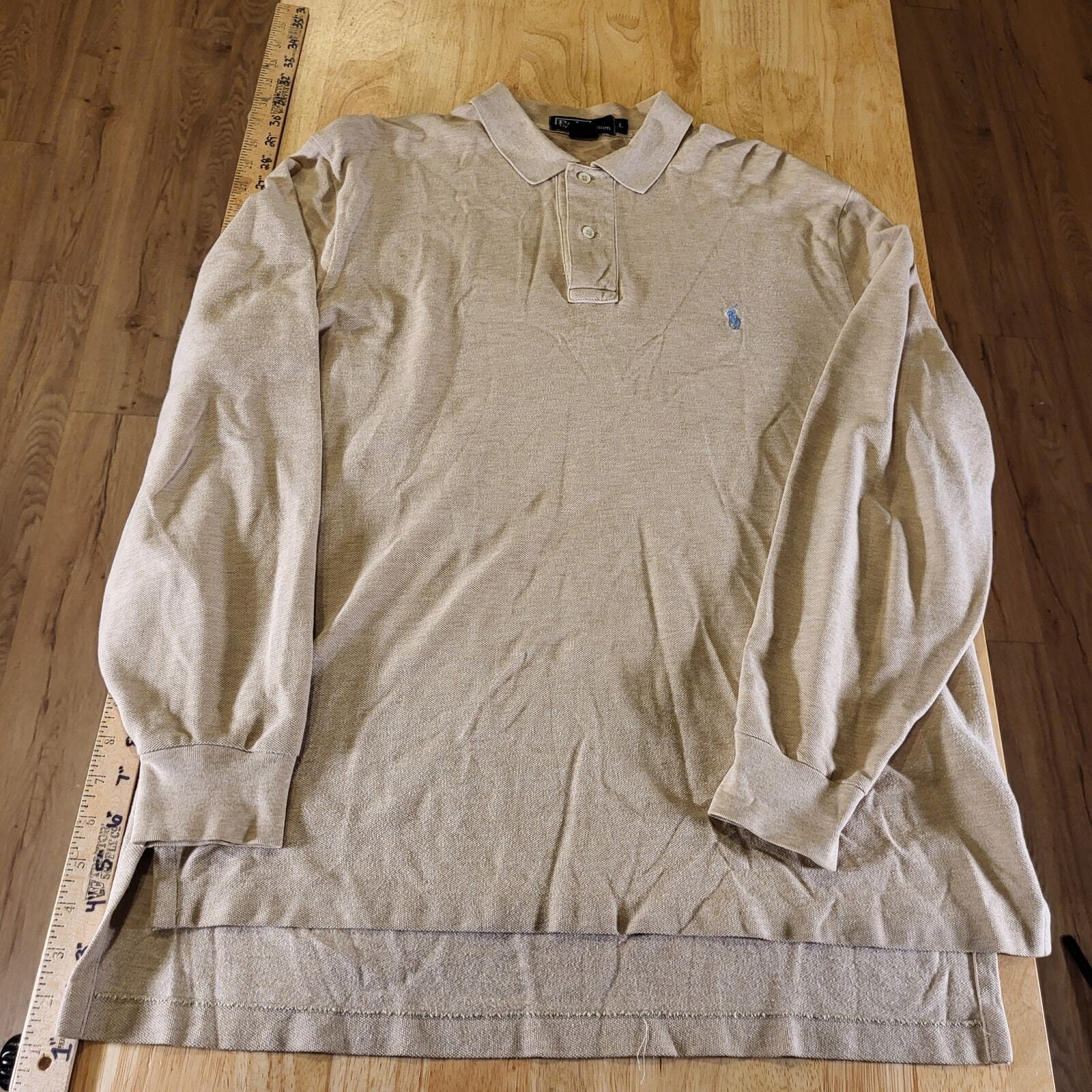 Beige Polo Ralph Lauren Long Sleeve Polo Blue Horse 100% Cotton Large