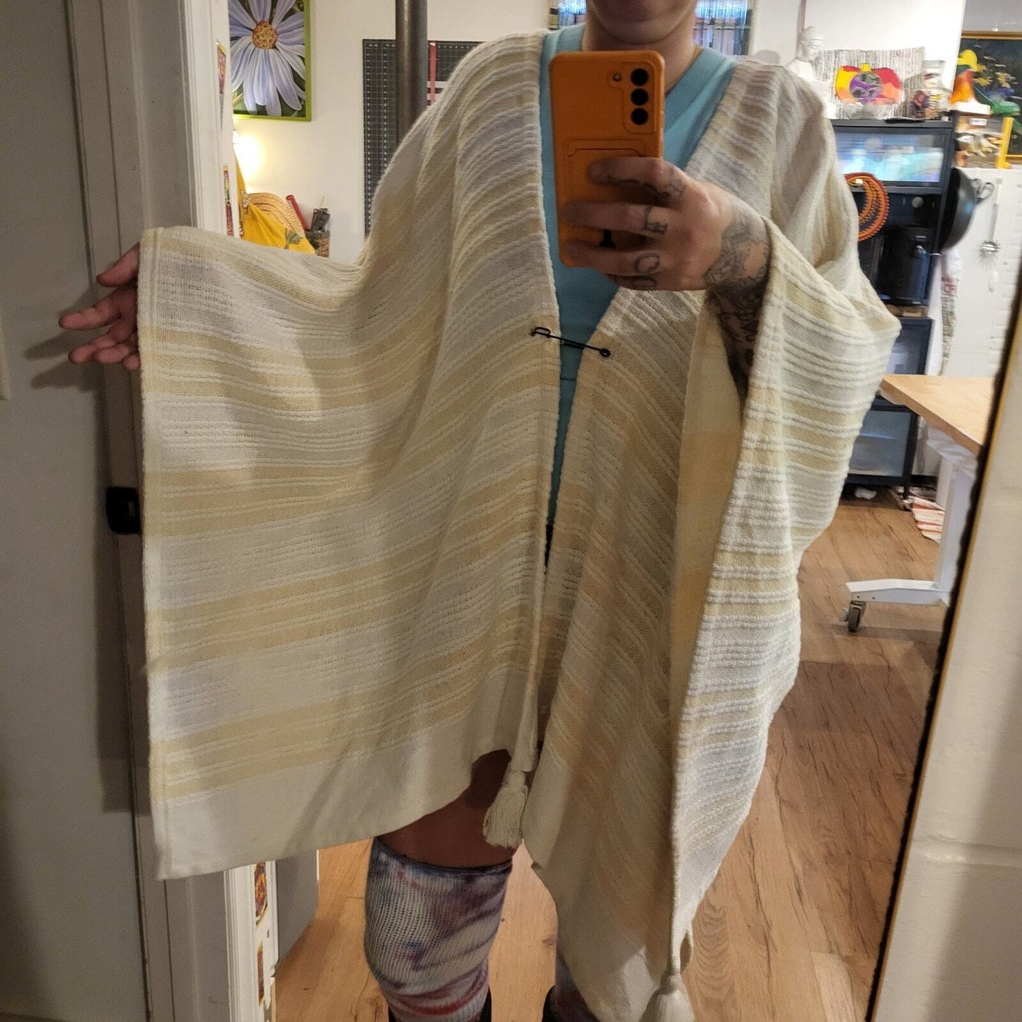 Hand Made Knit Yellow & White Striped Poncho Shawl Open Front Pin 