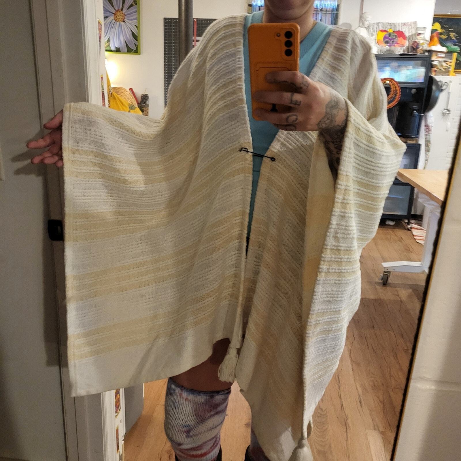 Hand Made Knit Yellow & White Striped Poncho Shawl Open Front Pin 