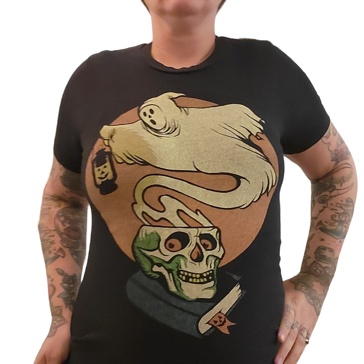 Small Black Bella Canvas Halloween T-Shirt Ghost Skull Orange Short Sleeve