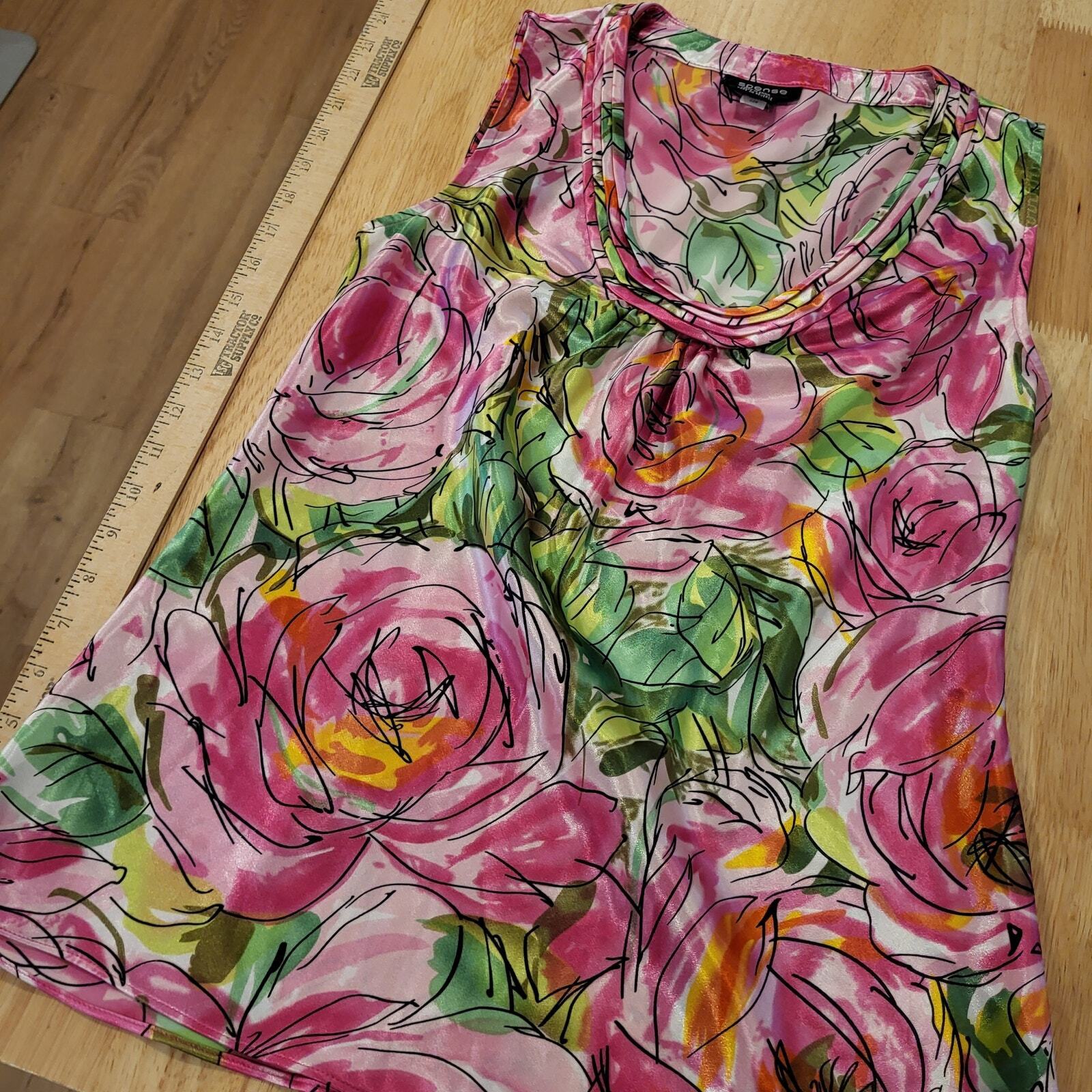 Satin Pink & Green Floral Rose Sleeveless Tank Blouse Spense Small