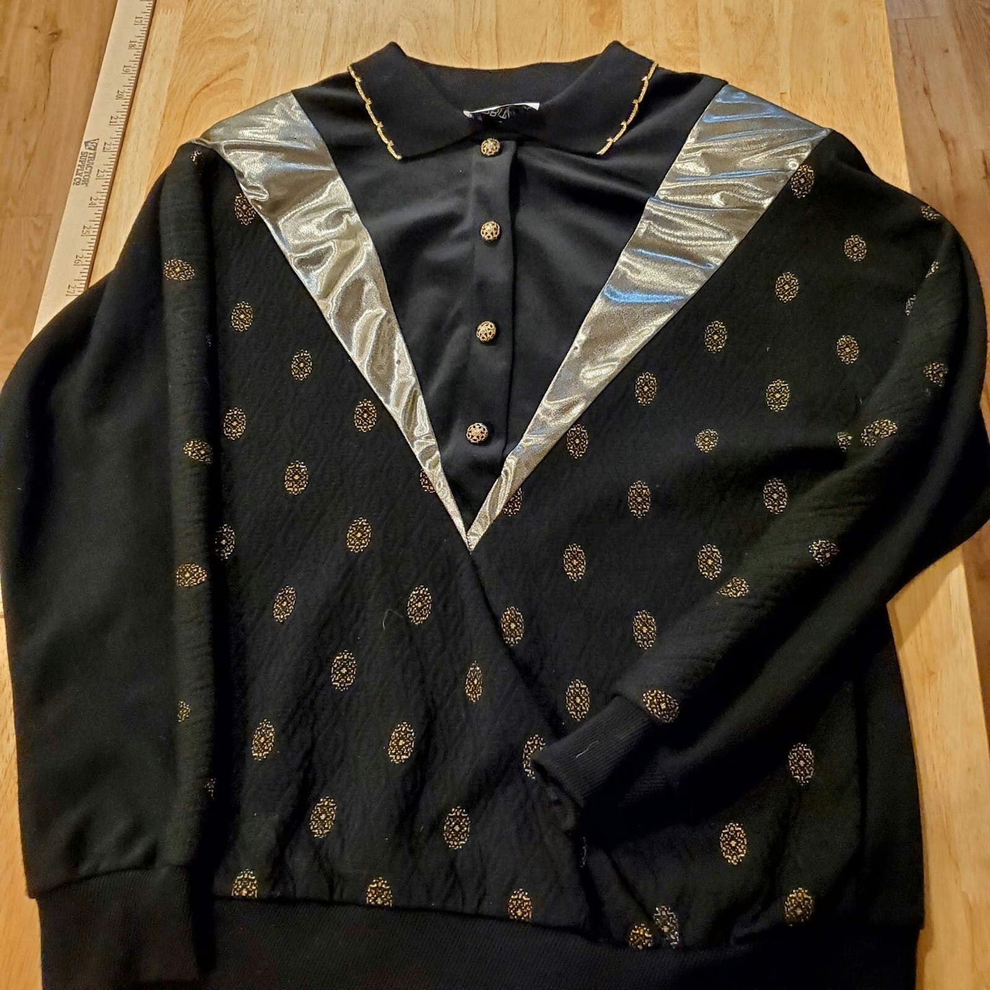 Vintage Black Collard Top Gold Lame Metallic 80's Sweatshirt Long Sleeve 