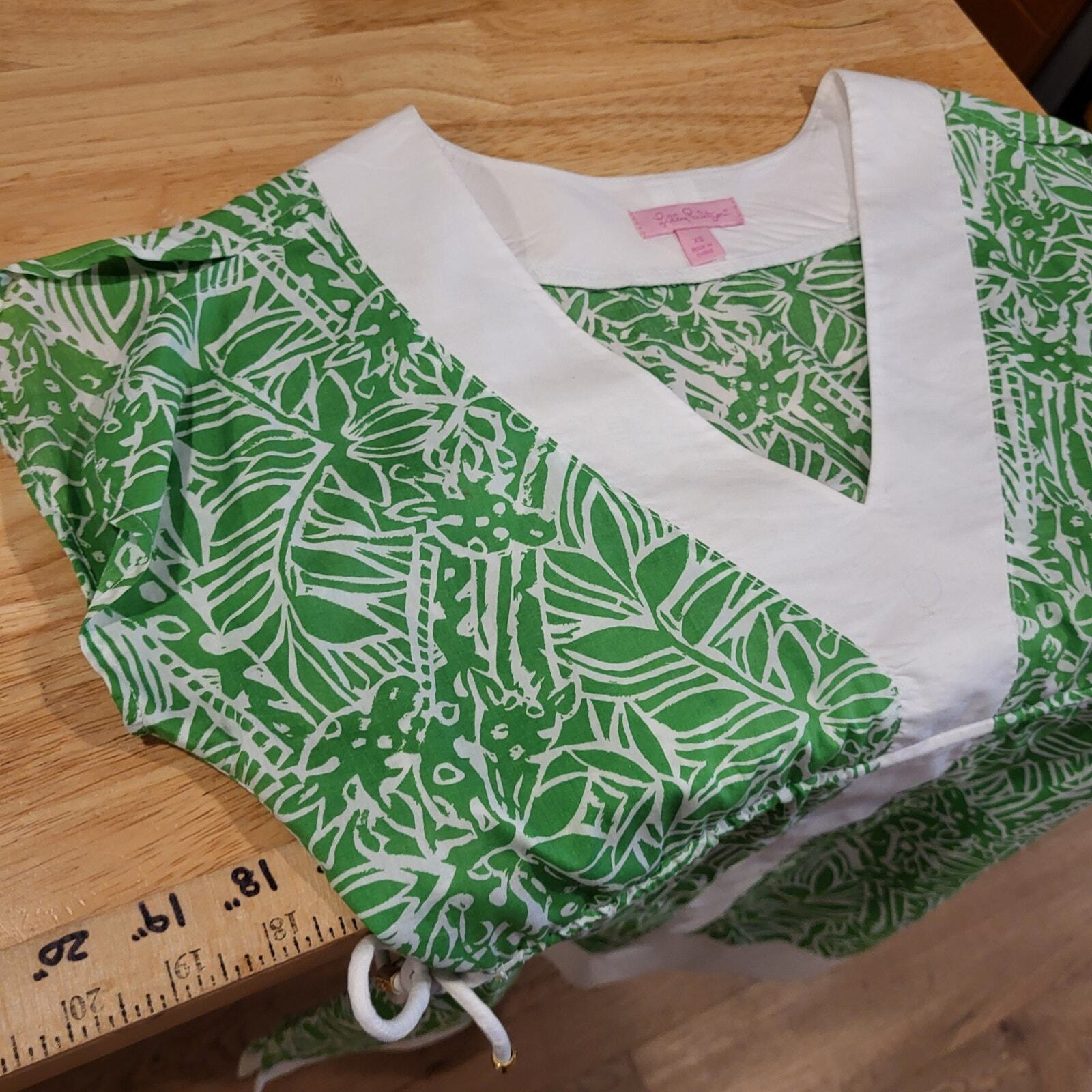 Lilly Pulitzer Green Botanical Print White Trim Baby Doll Top Cap Sleeve Trim XS