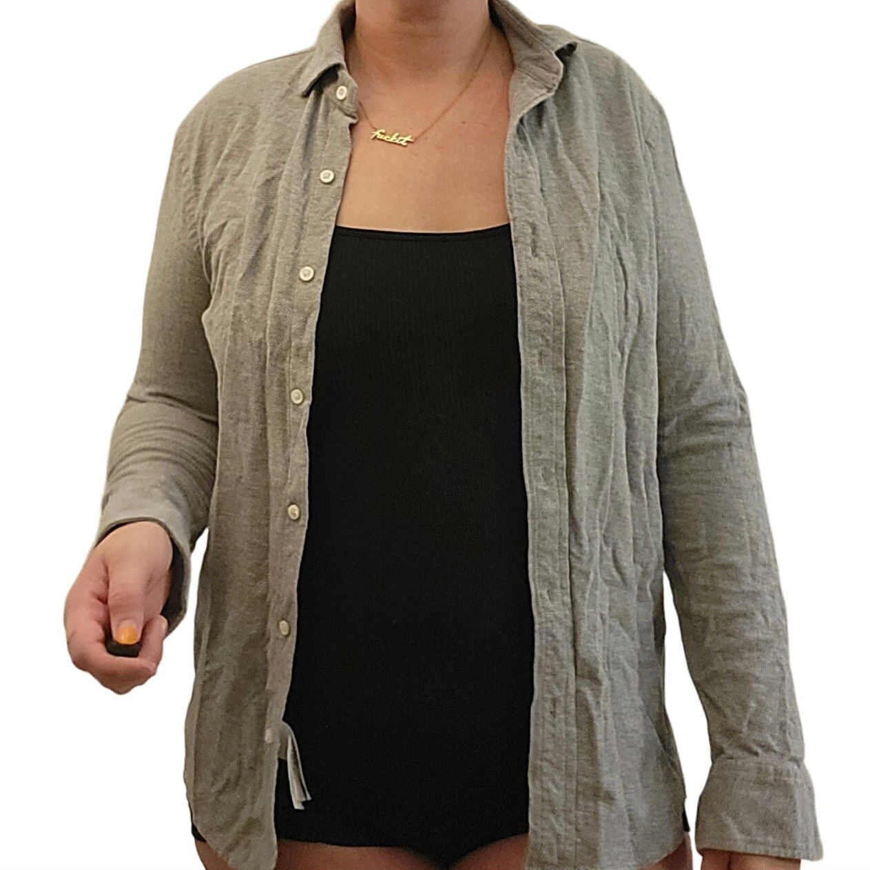 Heather Gray Waffle Knit Women's PS Button Down Collar Shirt Long Sleeve