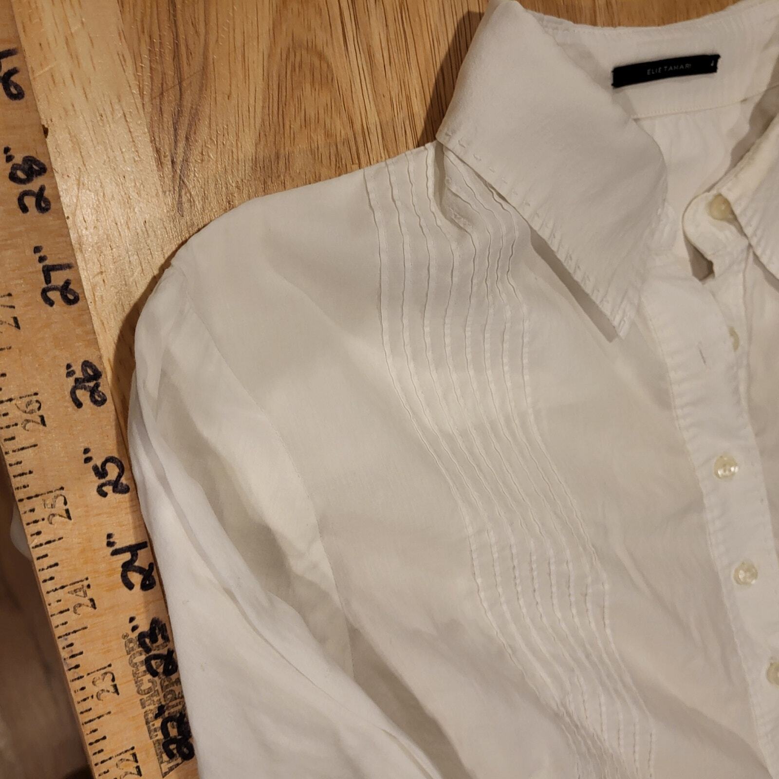 Tahari White Cotton Blouse Pleated Lattice Hem Button Detail 19" P2P