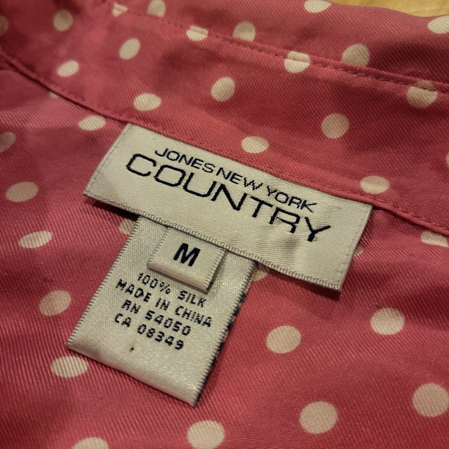Vintage Jones New York Country Medium Pink Polka Dot Silk Collared Button Down